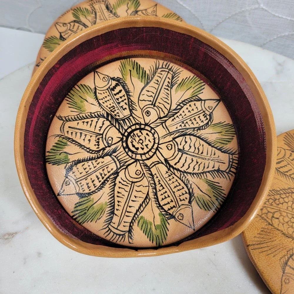 VTG Hand Painted Leather Fish Coaster Set w Storage Box Silk Back Folk Art Boho